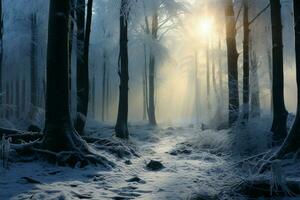 el Cállate de un haya invierno bosque, cubierto en brillante nieve ai generado foto