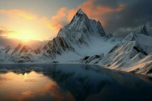 digital Arte regalos nieve cubierto picos en un 3d montaña ajuste ai generado foto