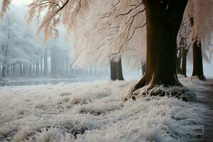 Amid the frosty beechwood, natures serene winter elegance shines through AI Generated photo