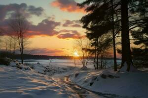 A winter sunset paints the horizon with vivid, fiery colors AI Generated photo