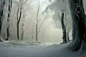 madera de haya transforma dentro un etéreo mundo maravilloso en el invierno niebla ai generado foto