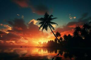 Palm tree silhouettes grace a tropical paradise, an idyllic vacation scene AI Generated photo