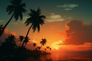 In a tropical haven, palm tree silhouettes embrace an orange sky AI Generated photo