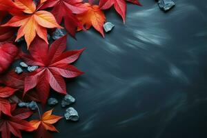 Aerial view vibrant red leaves contrast with blue slate, copy space AI Generated photo