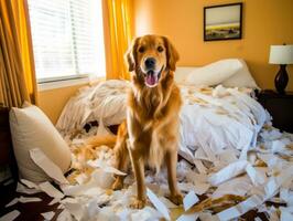 Dog with a mischievous expression surrounded by torn-up pillows AI Generative photo