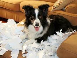 Dog with a mischievous expression surrounded by torn-up pillows AI Generative photo