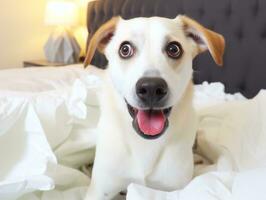 Dog with a mischievous expression surrounded by torn-up pillows AI Generative photo