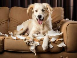 Dog with a mischievous expression surrounded by torn-up pillows AI Generative photo