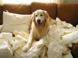 Dog with a mischievous expression surrounded by torn-up pillows AI Generative photo