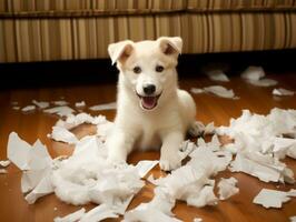 Dog with a mischievous expression surrounded by torn-up pillows AI Generative photo