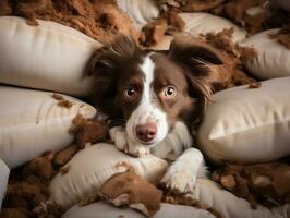 Dog with a mischievous expression surrounded by torn-up pillows AI Generative photo
