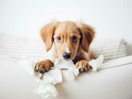 Dog with a mischievous expression surrounded by torn-up pillows AI Generative photo