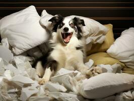 Dog with a mischievous expression surrounded by torn-up pillows AI Generative photo