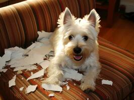 Dog with a mischievous expression surrounded by torn-up pillows AI Generative photo