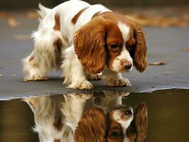 Dog and its reflection in a calm pond AI Generative photo