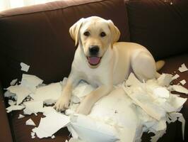 Dog with a mischievous expression surrounded by torn-up pillows AI Generative photo