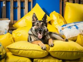 Dog with a mischievous expression surrounded by torn-up pillows AI Generative photo