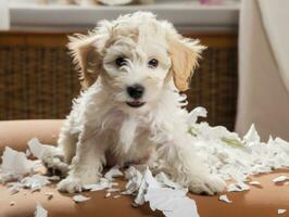 Dog with a mischievous expression surrounded by torn-up pillows AI Generative photo