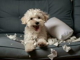 Dog with a mischievous expression surrounded by torn-up pillows AI Generative photo