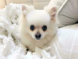 Dog with a mischievous expression surrounded by torn-up pillows AI Generative photo