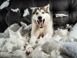 Dog with a mischievous expression surrounded by torn-up pillows AI Generative photo