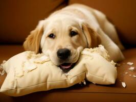 Dog with a mischievous expression surrounded by torn-up pillows AI Generative photo