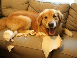 Dog with a mischievous expression surrounded by torn-up pillows AI Generative photo