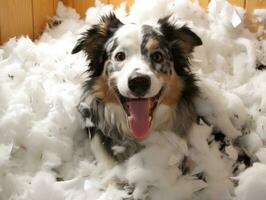 Dog with a mischievous expression surrounded by torn-up pillows AI Generative photo