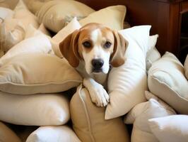 Dog with a mischievous expression surrounded by torn-up pillows AI Generative photo