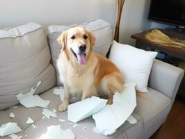 Dog with a mischievous expression surrounded by torn-up pillows AI Generative photo