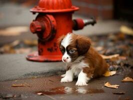 Cute puppy sitting by a fire hydrant AI Generative photo