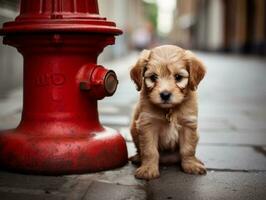 Cute puppy sitting by a fire hydrant AI Generative photo