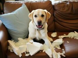 Dog with a mischievous expression surrounded by torn-up pillows AI Generative photo