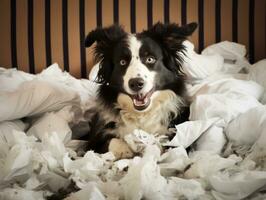 Dog with a mischievous expression surrounded by torn-up pillows AI Generative photo