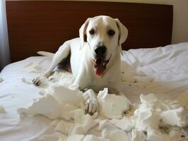 Dog with a mischievous expression surrounded by torn-up pillows AI Generative photo