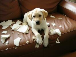 Dog with a mischievous expression surrounded by torn-up pillows AI Generative photo