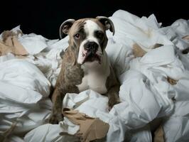 Dog with a mischievous expression surrounded by torn-up pillows AI Generative photo