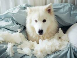 Dog with a mischievous expression surrounded by torn-up pillows AI Generative photo