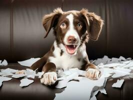 Dog with a mischievous expression surrounded by torn-up pillows AI Generative photo