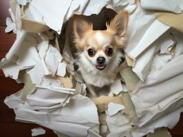 Dog with a mischievous expression surrounded by torn-up pillows AI Generative photo