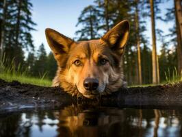 perro y sus reflexión en un calma estanque ai generativo foto