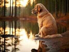 Dog and its reflection in a calm pond AI Generative photo