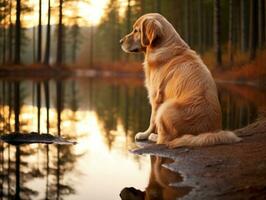 Dog and its reflection in a calm pond AI Generative photo