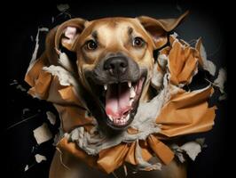 Dog with a mischievous expression surrounded by torn-up pillows AI Generative photo