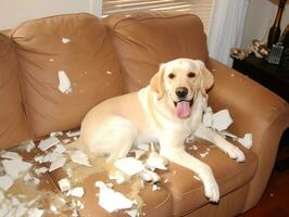 Dog with a mischievous expression surrounded by torn-up pillows AI Generative photo