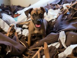 Dog with a mischievous expression surrounded by torn-up pillows AI Generative photo