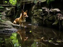 Dog and its reflection in a calm pond AI Generative photo