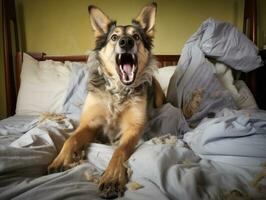 perro con un dañoso expresión rodeado por roto almohadas ai generativo foto