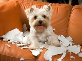 Dog with a mischievous expression surrounded by torn-up pillows AI Generative photo