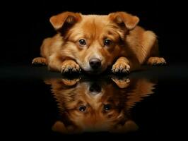 Dog and its reflection in a calm pond AI Generative photo